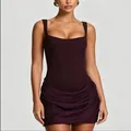 Elegant dark purple square neck sleeveless ruched bodycon mini dress for stylish women - Deep purple