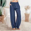 Marineblauwe katoen-linnen casual broek met wijde pijpen, trekkoord en zijzakken - Marineblauw