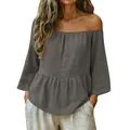 Elegante camicetta grigio antracite in cotone e lino con vita a balze per donna - marrone chiaro