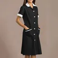Professional black nursing dress with white lapel collar and large side pockets - S / Top And Bottom / Black