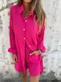 Vue détaillée de l'ensemble deux pièces rose fuchsia en lin avec chemise et short - S / Haut et Bas / Rose rouge