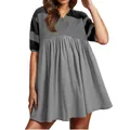 Fashionable women's short sleeve polo dress featuring unique patchwork and pleated skirt design - XL / Top And Bottom / Light Gray