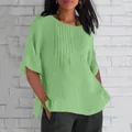 Blouse décontractée en coton et lin vert pour femme avec plis élégants au col rond - S / Hauts / Vert