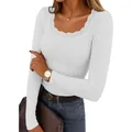 Slim fit white long-sleeved ribbed top with lace trim neckline for women - White