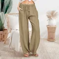 Women's linen cotton wide leg trousers featuring a drawstring waist and side pockets - S / Bottoms / Khaki