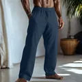 Dettaglio dei pantaloni casual da uomo in cotone e lino blu, trama traspirante - Blu scuro