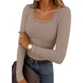 Slim fit taupe ribbed long sleeve T-shirt with delicate floral lace trim square neckline - Light Khaki