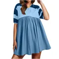 Detailed look at a color-block striped short sleeve polo mini dress for summer fashion - Lake Blue