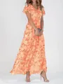 A full-length view of an orange floral chiffon maxi dress featuring elegant flutter sleeves - S / Tops / Orange