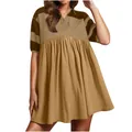 Women's summer casual short-sleeved color-block polo dress with pleated babydoll skirt - Khaki