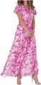 Detailed view of pink floral chiffon maxi dress with V-neck and ruffled sleeves - S / Tops / Rose Red