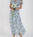 Detail of a light blue chiffon floral maxi dress with ruffle sleeves and V-neckline. - S / Tops / Light Blue