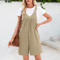 Casual khaki V-neck sleeveless romper jumpsuit for women outdoor detail - S / Top And Bottom / Apricot