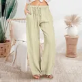 Detailweergave van beige katoen-linnen broek met trekkoord in de taille en zakken - Broken Wit