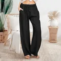 Comfortable women's black loose cotton linen wide-leg trousers with drawstring - S / Bottoms / Black