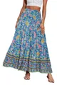 Bohemian high-waisted floral maxi skirt with smocked waist and tiered swing design. - S / Bottoms / Blue