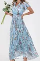 Light blue floral chiffon maxi dress featuring a V-neck and ruffled sleeves for beach - S / Tops / Lake Blue