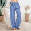 Detailed view of women's blue cotton linen wide-leg casual pants with drawstring waist - S / Bottoms / Sky Blue