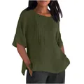 Élégante blouse décontractée en lin vert olive à col rond plissé et manches 3/4 - S / Hauts / Vert Militaire