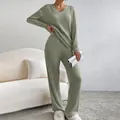 Sophisticated olive green two-piece ribbed knit lounge set featuring a V-neck top - S / Top And Bottom / Light Green