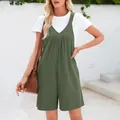 Casual women's V-neck waffle knit romper jumpsuit in olive green with white T-shirt - S / Top And Bottom / Army Green