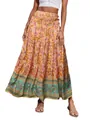 Bohemian floral print tiered maxi skirt with smocked high waist for beach leisure wear - S / Bottoms / Apricot
