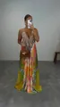 Bohemian printed halter maxi dress with vibrant abstract patterns and flowing silhouette - XS / Dresses / Orange Green Pink Abstract Print