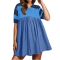 Chic blue striped patchwork babydoll dress with short sleeves for casual summer wear - S / Top And Bottom / Sapphire Blue
