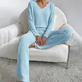 Light blue ribbed knit two-piece lounge set with V-neck sweater and straight leg pants. - S / Top And Bottom / Light Blue