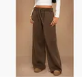 Pantalones de chándal de pierna ancha marrón con forro polar para mujer y cordón - XS / Bottoms / Café
