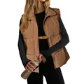 High-quality detail view of women brown lightweight padded vest with stand collar - S / Tops / Tan