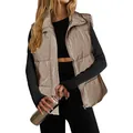Detailed view of women's khaki padded puffer vest with stand collar and zipper closure. - S / Tops / Silver Gray