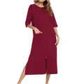 Camicia da notte premaman bordeaux con maniche a 3/4, cerniera e tasche laterali - Borgogna