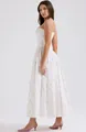 Side view of elegant floral midi dress with spaghetti straps on white background - S / Bottoms / White Floral