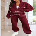 Detailed measurement guide for burgundy fleece two-piece tracksuit set - S / Top And Bottom / Burgundy