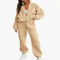 Casual beige two-piece fleece tracksuit set with zip hoodie and loose sweatpants - S / Top And Bottom / Apricot