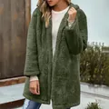 Soft olive green teddy fleece texture on a loose mid-length hooded cardigan jacket - Army Green