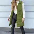 Detail view showing olive green quilted long vest with standing collar for autumn women - S / Tops / Olive Green