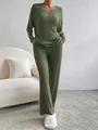 Conjunto informal de 2 piezas de punto acanalado para mujer en verde oliva con cuello en V - Verde oscuro