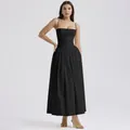 Elegant black corset midi dress with spaghetti straps and pleated skirt for women - S / Bottoms / Black