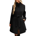 Elegante abrigo de lana negro para mujer con cuello alto y cinturón ajustable de lazo - S / Tops / Negro