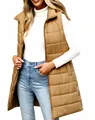 Detail view of women's long camel quilted puffer vest with front zipper pockets - Khaki