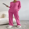 Pink ribbed knit two-piece set with V-neck top and straight pants for women. - S / Top And Bottom / Rose Red