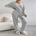 Women's light grey 2-piece ribbed knit lounge set featuring V-neck top and pants - S / Top And Bottom / Light Gray