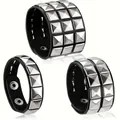 Punk black leather bracelet set with silver square pyramid studs and metal snap closure - Three-Piece Set / Square Rivets / Black