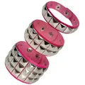 Close-up of pink punk leather bracelets with silver square rivets and snap buttons - Three-Piece Set / Rose Red