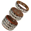 Punk leather bracelets set with silver square pyramid rivets and adjustable snaps. - Three-Piece Set / Dark Brown