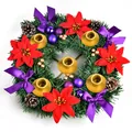 Festive Christmas Advent wreath with 5 gold candle holders, red flowers and purple bows - Purple-Red Flower 5 Cups / 30cm
