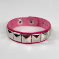 Vibrant pink leather punk bracelet featuring silver pyramid studs and snap buttons. - Single Row / Rose Red
