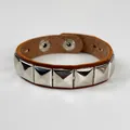 Punk style brown leather bracelet with polished silver square pyramid studs for men - Single Row / Dark Brown